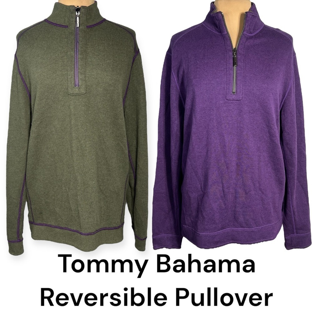 Tommy Bahama Reversible Half-Zip Sweater
Regal Purple/Army Green Men’s Medium - Picture 2 of 15